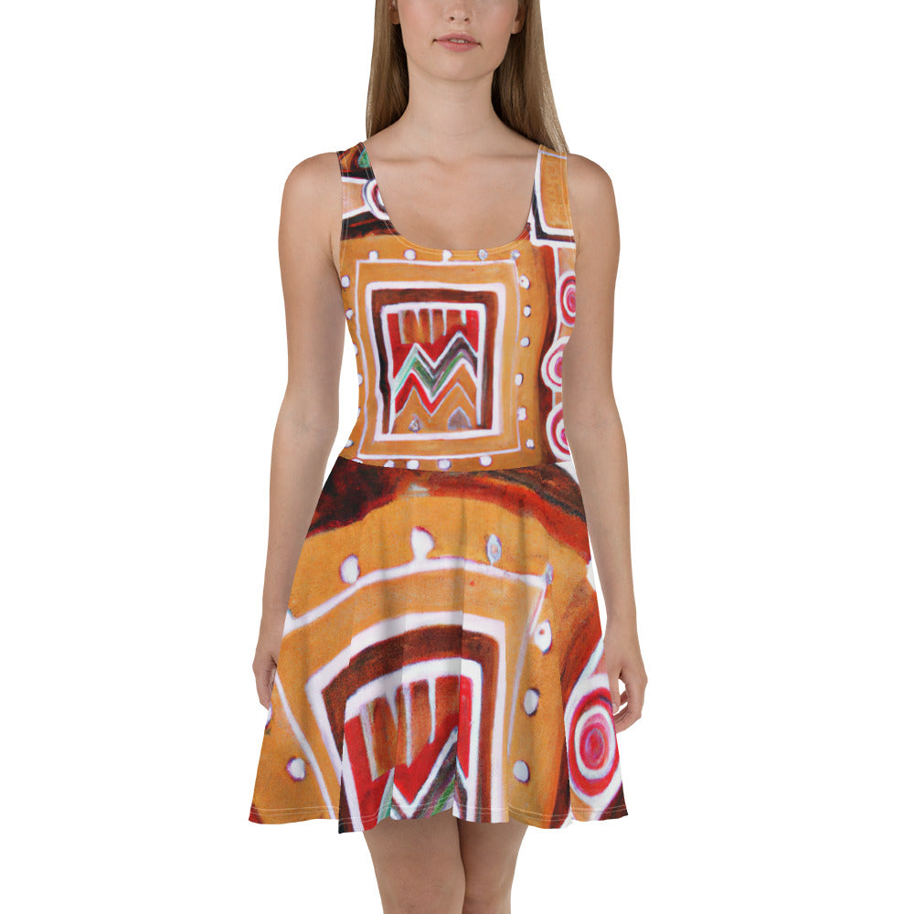 A stylish women's skater dress featuring a vibrant brown, orange, and green Aztec pattern, designed with a flattering A-line silhouette.