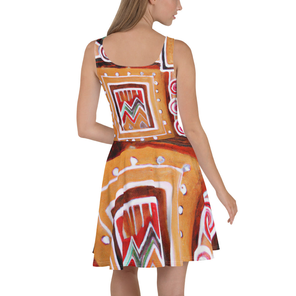 A stylish women's skater dress featuring a vibrant brown, orange, and green Aztec pattern, designed with a flattering A-line silhouette.