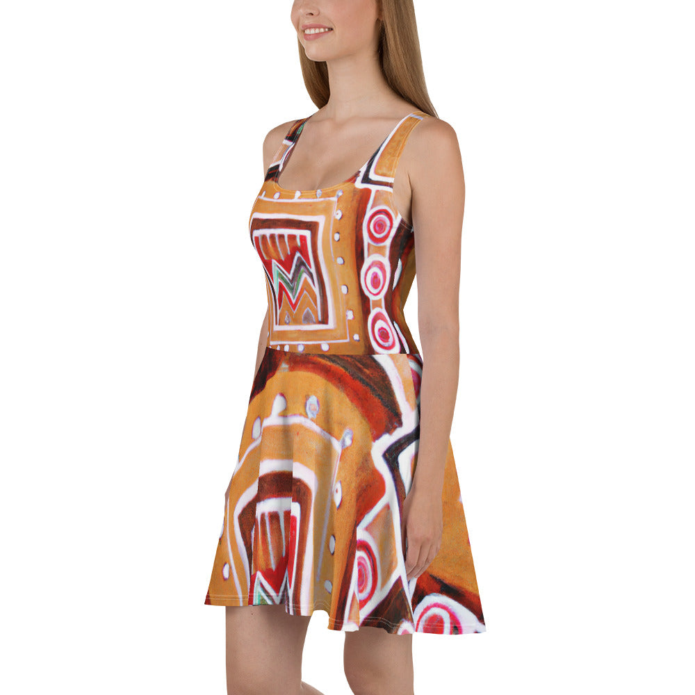 A stylish women's skater dress featuring a vibrant brown, orange, and green Aztec pattern, designed with a flattering A-line silhouette.