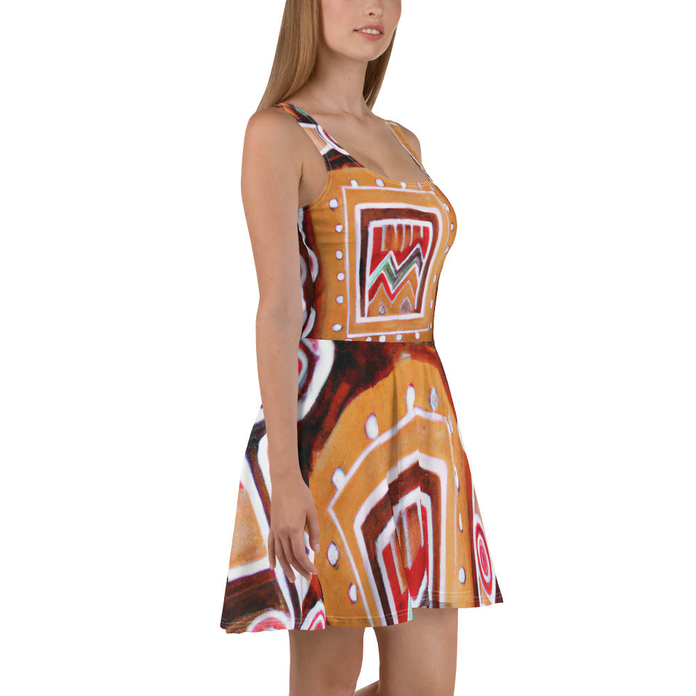 A stylish women's skater dress featuring a vibrant brown, orange, and green Aztec pattern, designed with a flattering A-line silhouette.