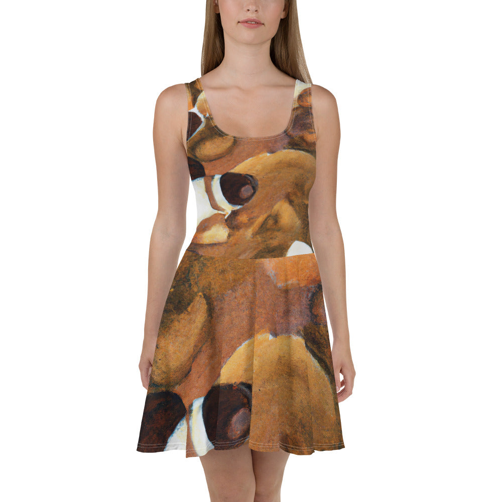 Women's skater dress featuring a brown and white stone pattern, A-line silhouette, and sleeveless design, perfect for warm weather occasions.