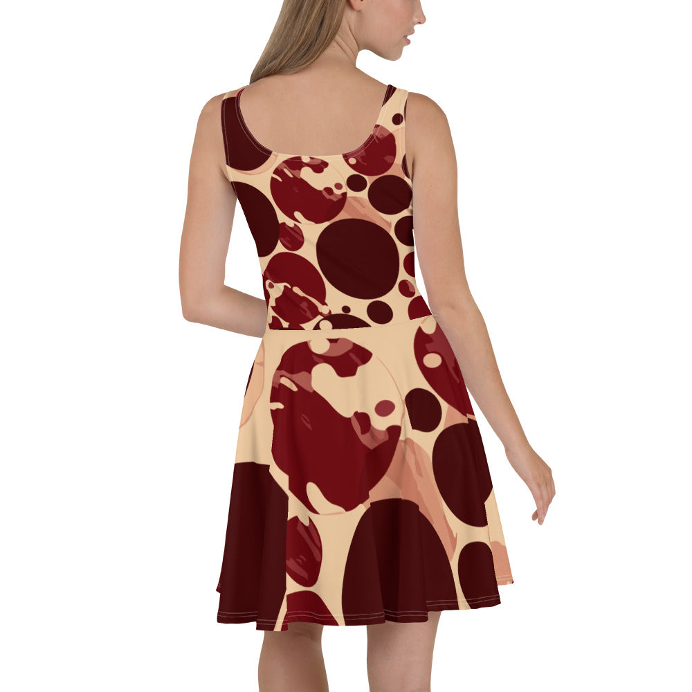 Women's skater dress in burgundy and beige with a circular print, featuring a flattering A-line silhouette and knee-length hem.