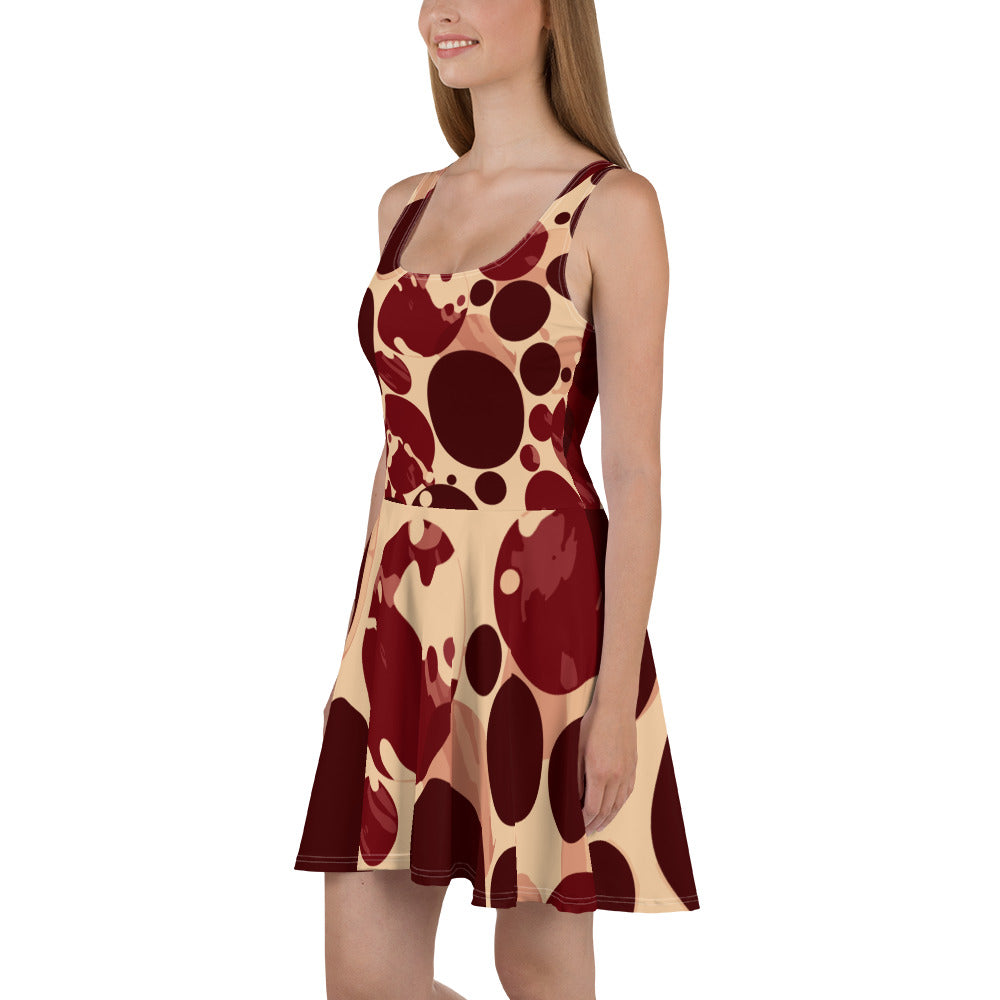 Women's skater dress in burgundy and beige with a circular print, featuring a flattering A-line silhouette and knee-length hem.