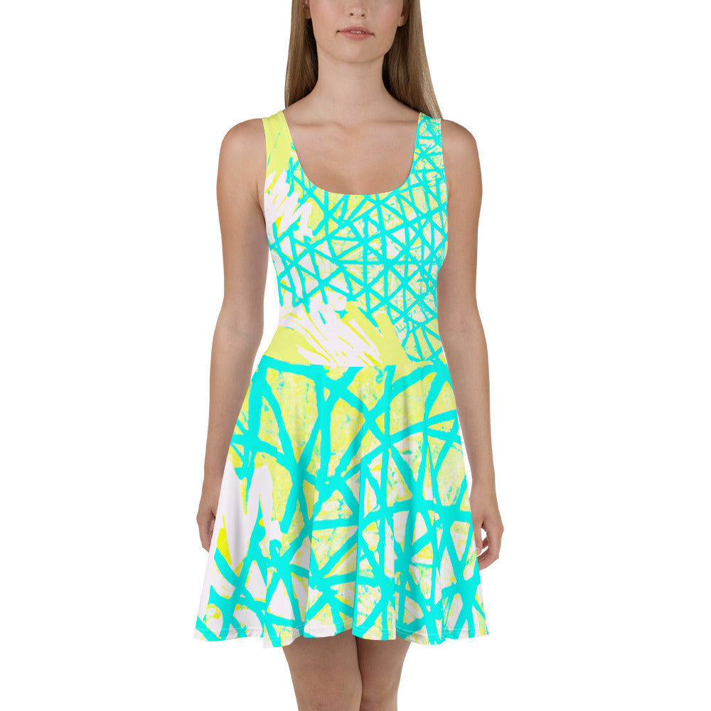 A stylish women's skater dress featuring a vibrant cyan blue, lime green, and white pattern, showcasing a flattering A-line silhouette.