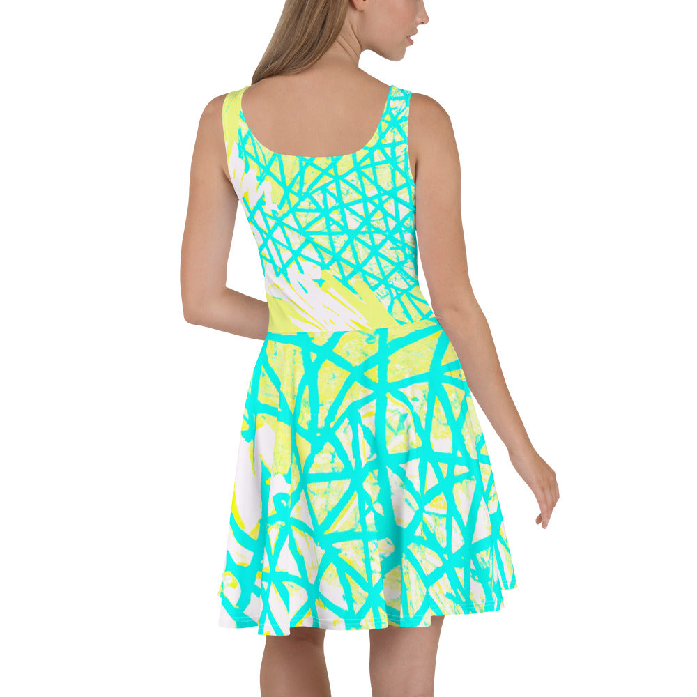 A stylish women's skater dress featuring a vibrant cyan blue, lime green, and white pattern, showcasing a flattering A-line silhouette.