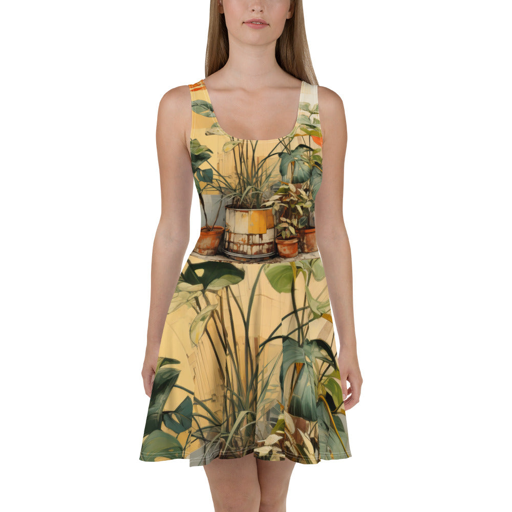 A stylish women's skater dress featuring an earthy rustic potted plants print, showcasing a flattering A-line silhouette and sleeveless design.