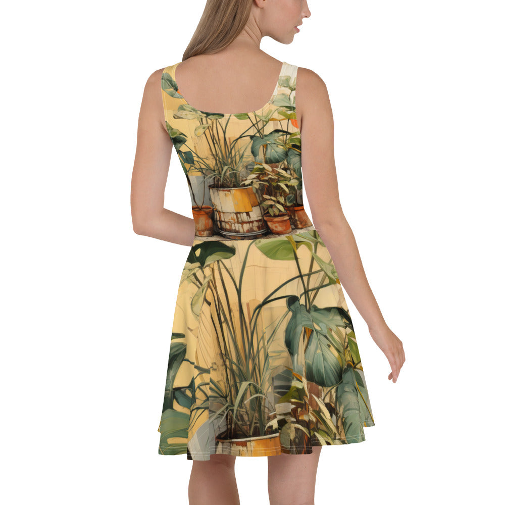 A stylish women's skater dress featuring an earthy rustic potted plants print, showcasing a flattering A-line silhouette and sleeveless design.