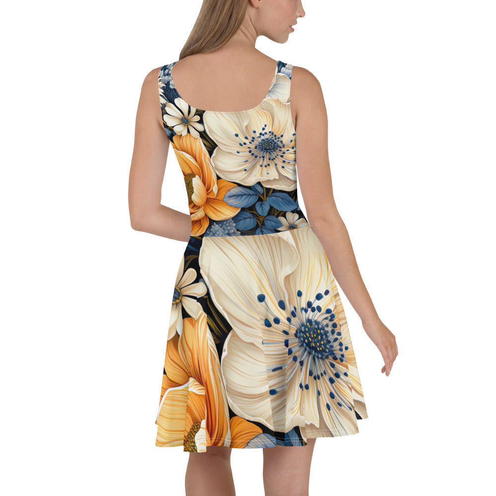 A stylish women's skater dress featuring a vibrant blue floral print, showcasing a flattering A-line silhouette and sleeveless design.