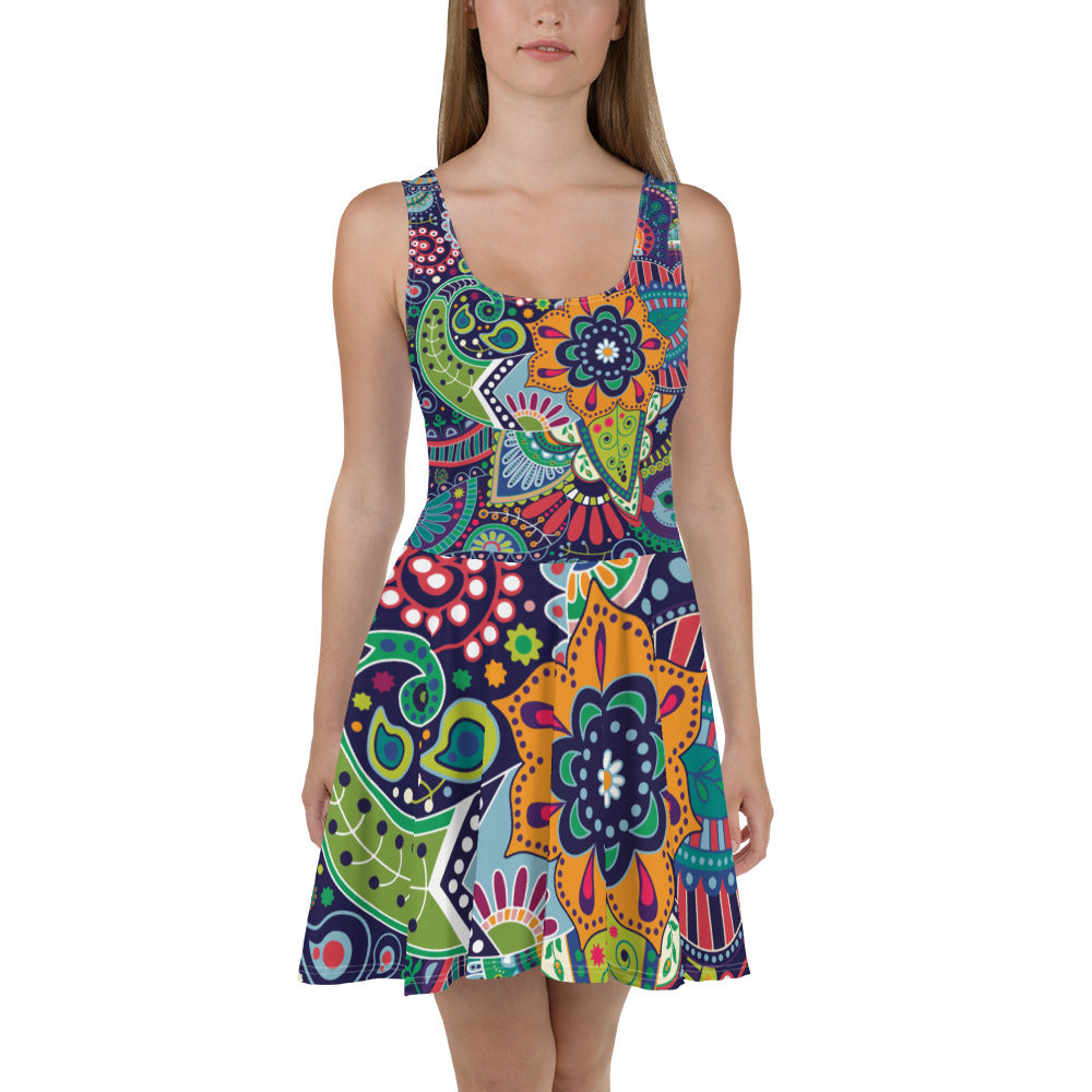 A stylish Women's Skater Dress featuring a Floral Paisley pattern, showcasing a flattering A-line silhouette and sleeveless design.