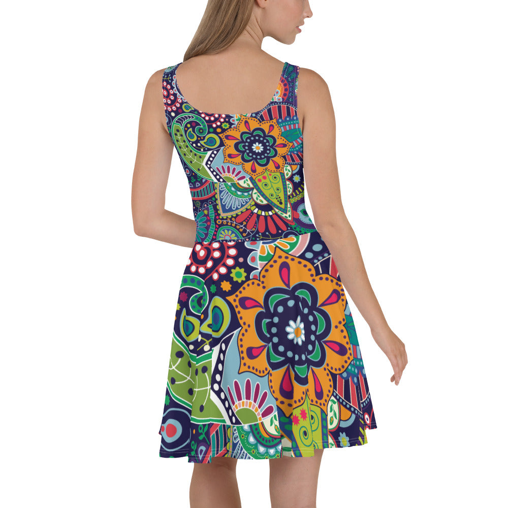 A stylish Women's Skater Dress featuring a Floral Paisley pattern, showcasing a flattering A-line silhouette and sleeveless design.