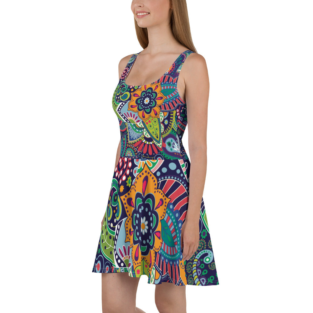 A stylish Women's Skater Dress featuring a Floral Paisley pattern, showcasing a flattering A-line silhouette and sleeveless design.