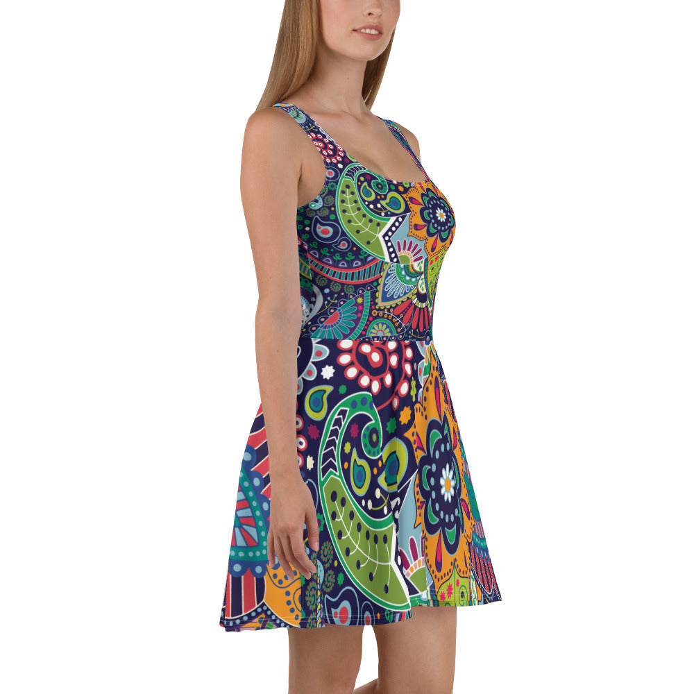 A stylish Women's Skater Dress featuring a Floral Paisley pattern, showcasing a flattering A-line silhouette and sleeveless design.