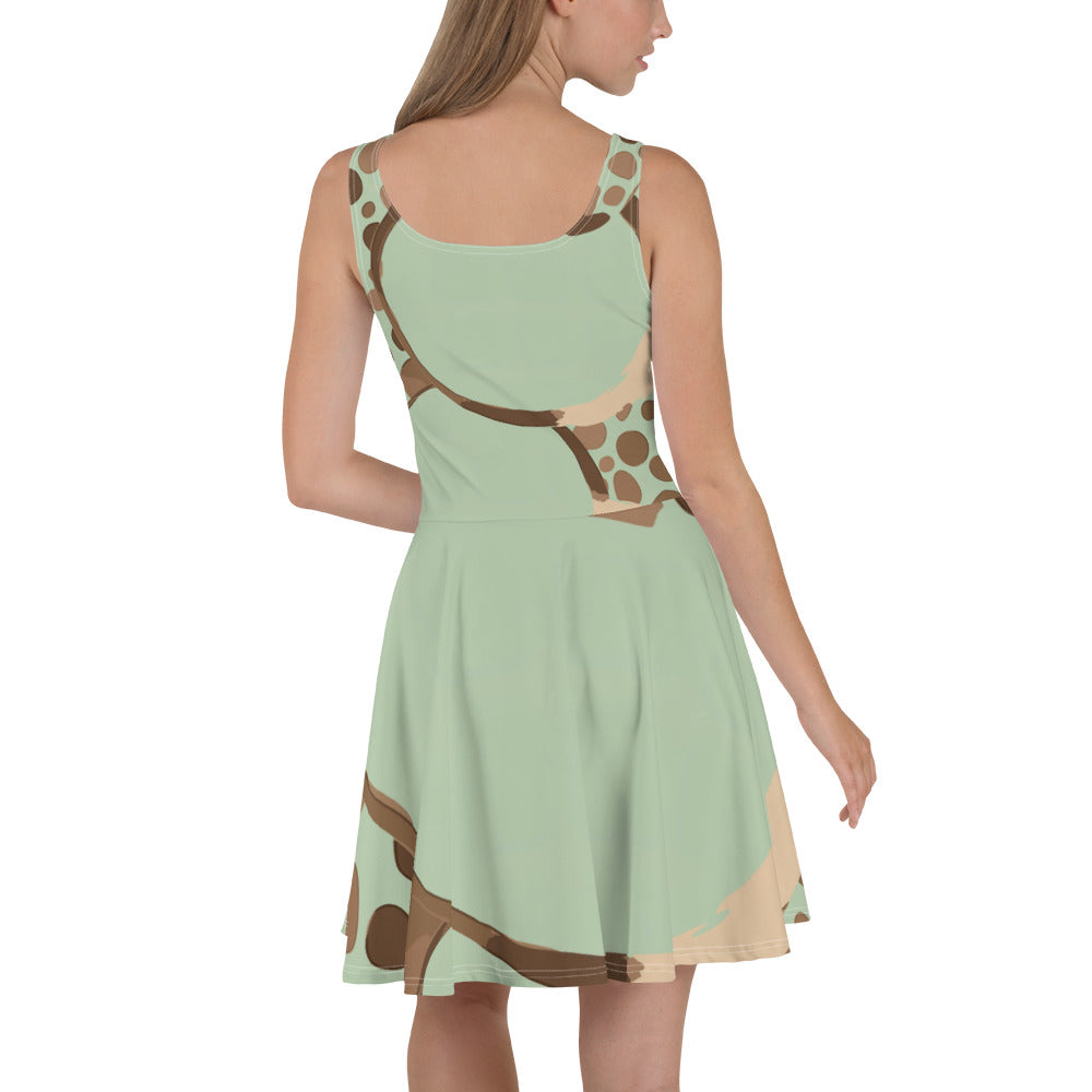 Women's skater dress featuring a green beige spotted print, showcasing a flattering A-line silhouette and sleeveless design.