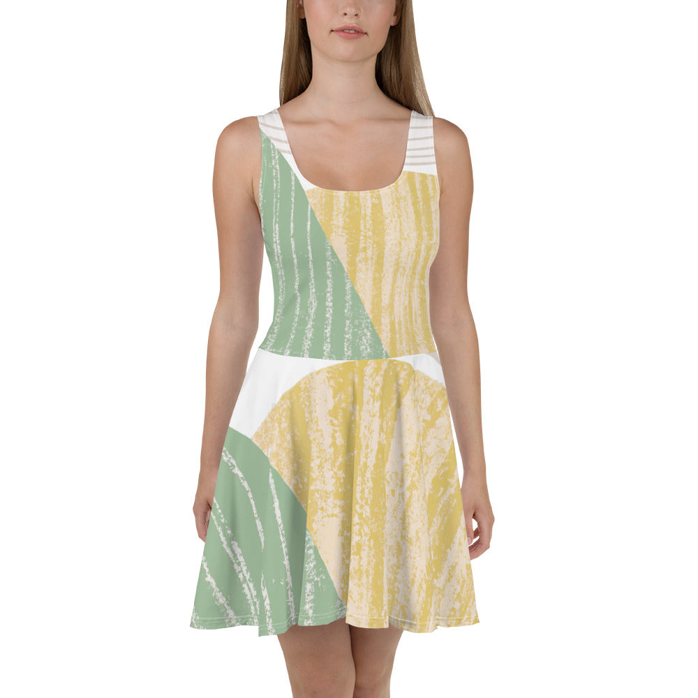 A stylish women's skater dress featuring a green textured boho pattern, showcasing a flattering A-line silhouette and sleeveless design.