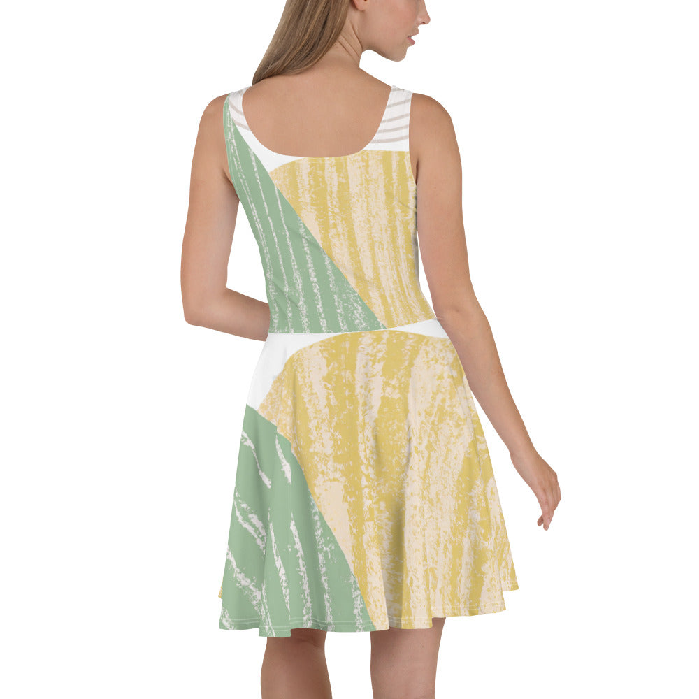 A stylish women's skater dress featuring a green textured boho pattern, showcasing a flattering A-line silhouette and sleeveless design.