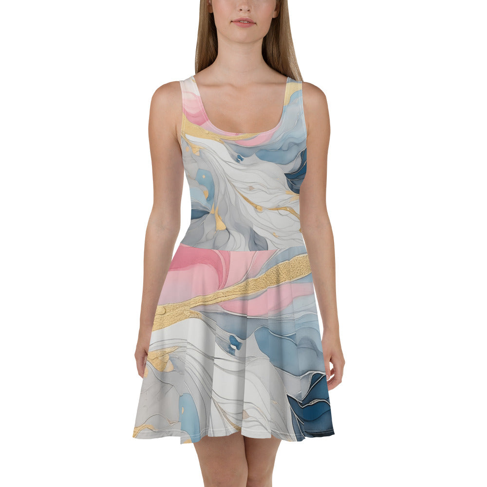 Women's skater dress in Marble Cloud design featuring grey, pink, and blue colors, with a flattering A-line silhouette and sleeveless style.