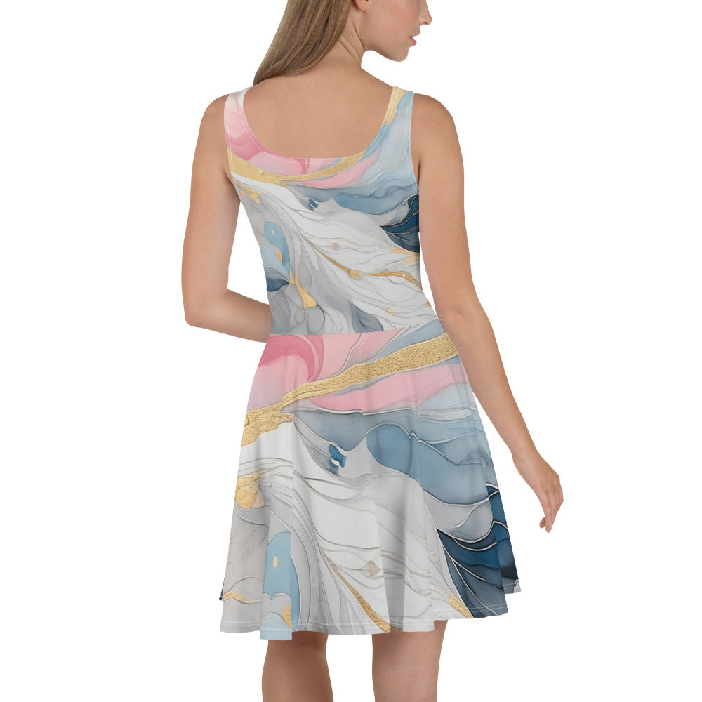 Women's skater dress in Marble Cloud design featuring grey, pink, and blue colors, with a flattering A-line silhouette and sleeveless style.