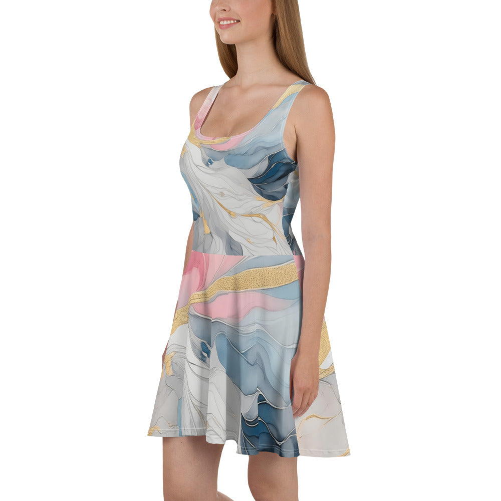 Women's skater dress in Marble Cloud design featuring grey, pink, and blue colors, with a flattering A-line silhouette and sleeveless style.