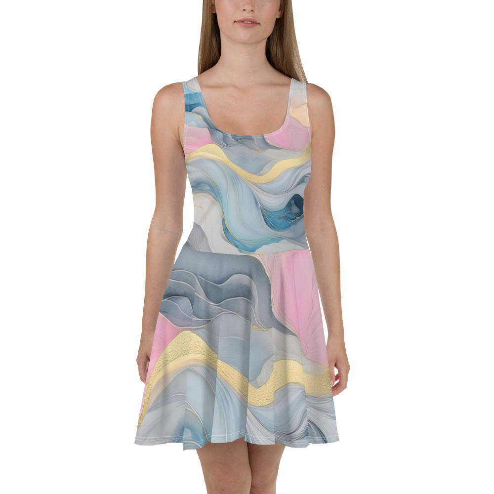 Women's skater dress featuring a Marble Cloud pattern in grey, pink, and blue, with a flattering A-line silhouette and sleeveless design.