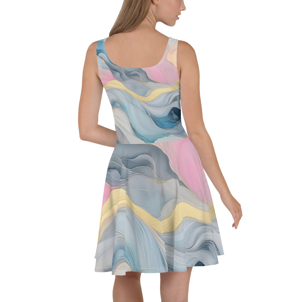 Women's skater dress featuring a Marble Cloud pattern in grey, pink, and blue, with a flattering A-line silhouette and sleeveless design.