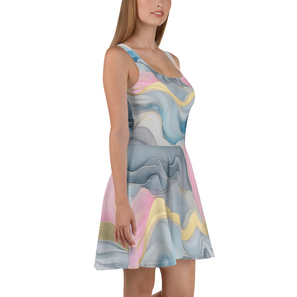 Women's skater dress featuring a Marble Cloud pattern in grey, pink, and blue, with a flattering A-line silhouette and sleeveless design.