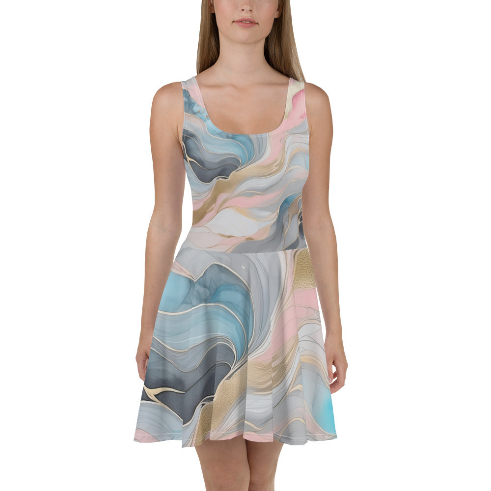 Women's skater dress in Marble Cloud of Grey Pink Blue, featuring a flattering A-line silhouette and knee-length hem.