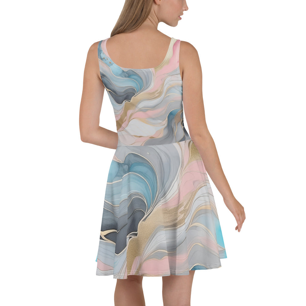 Women's skater dress in Marble Cloud of Grey Pink Blue, featuring a flattering A-line silhouette and knee-length hem.