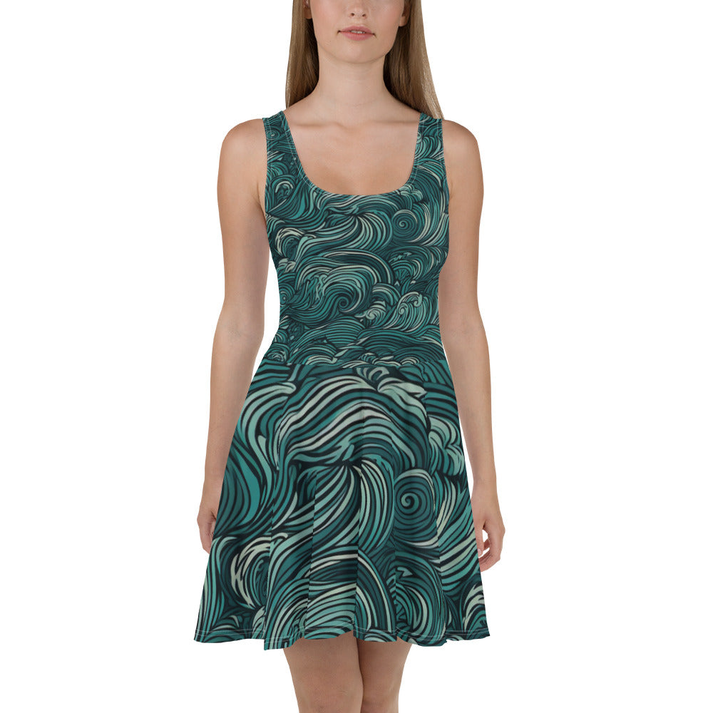 A stylish women's skater dress featuring a mint green water wave print, showcasing a flattering A-line silhouette and sleeveless design.