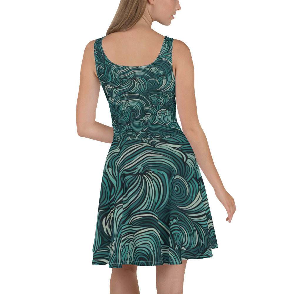 A stylish women's skater dress featuring a mint green water wave print, showcasing a flattering A-line silhouette and sleeveless design.