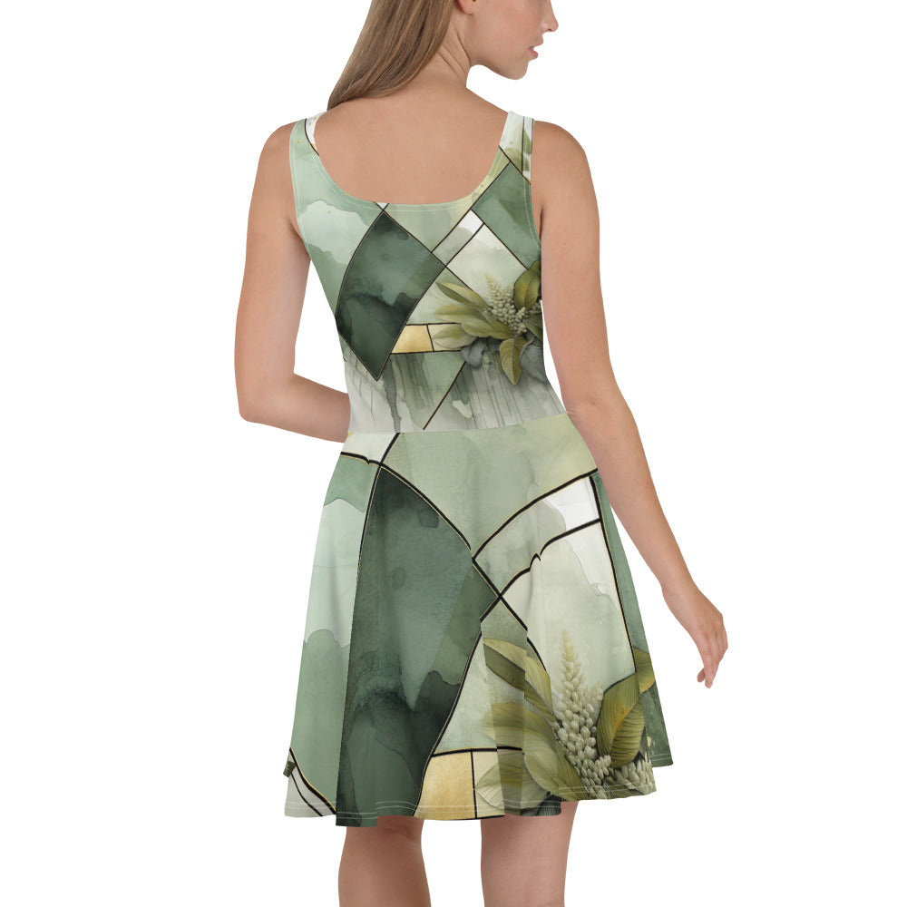 Women's skater dress in olive green with mint leaf geometric print, featuring a flattering A-line silhouette and sleeveless design.