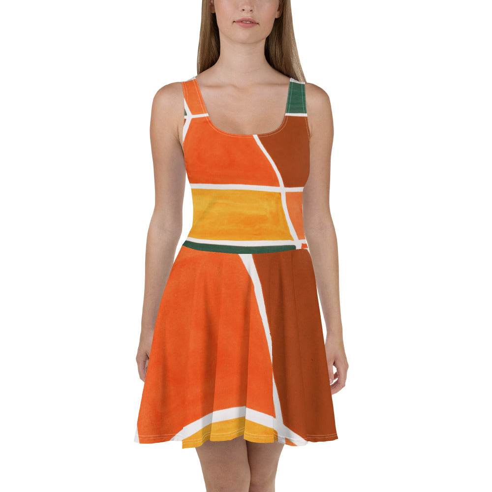 A vibrant women's skater dress featuring an orange and green boho pattern, showcasing a flattering A-line silhouette and sleeveless design.