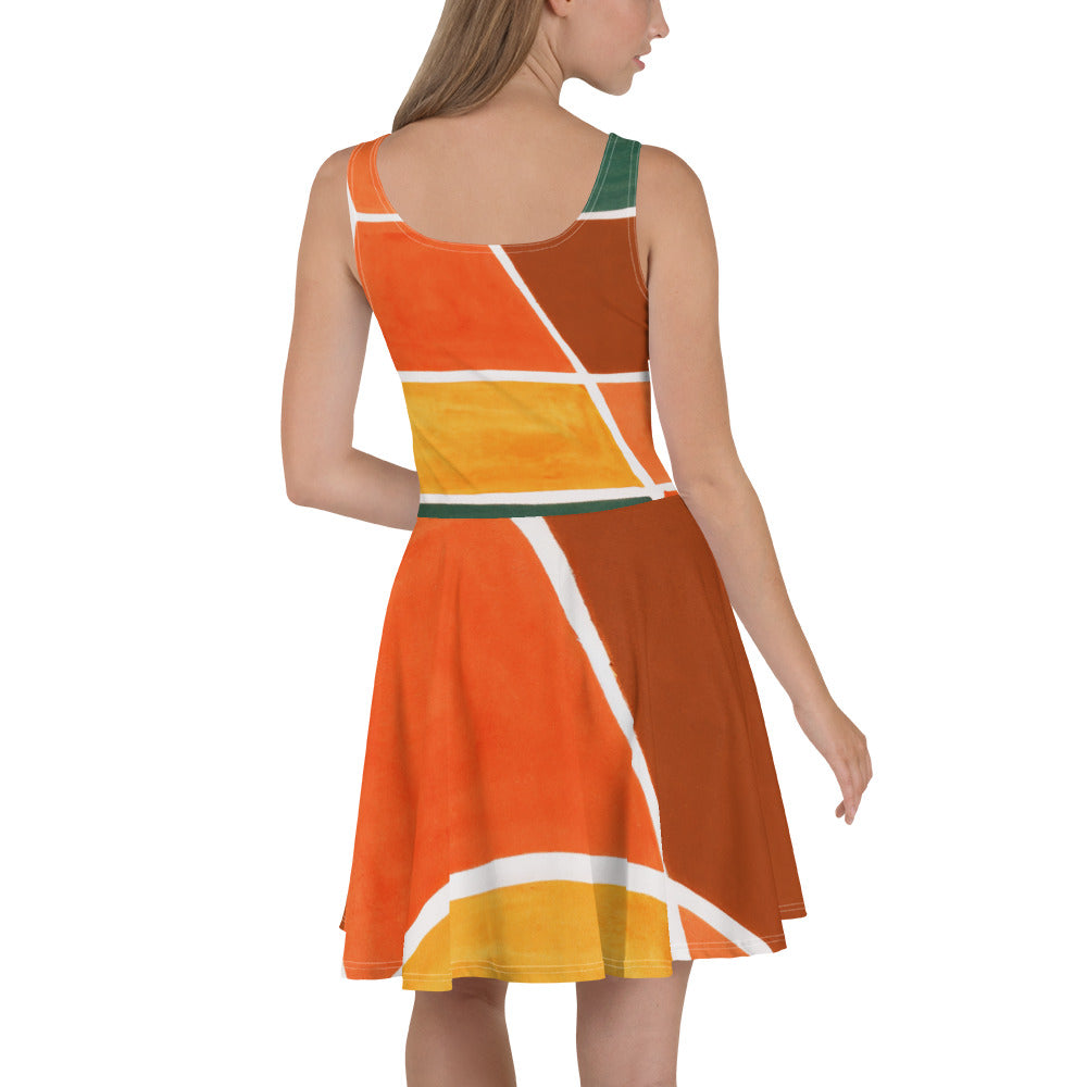 A vibrant women's skater dress featuring an orange and green boho pattern, showcasing a flattering A-line silhouette and sleeveless design.