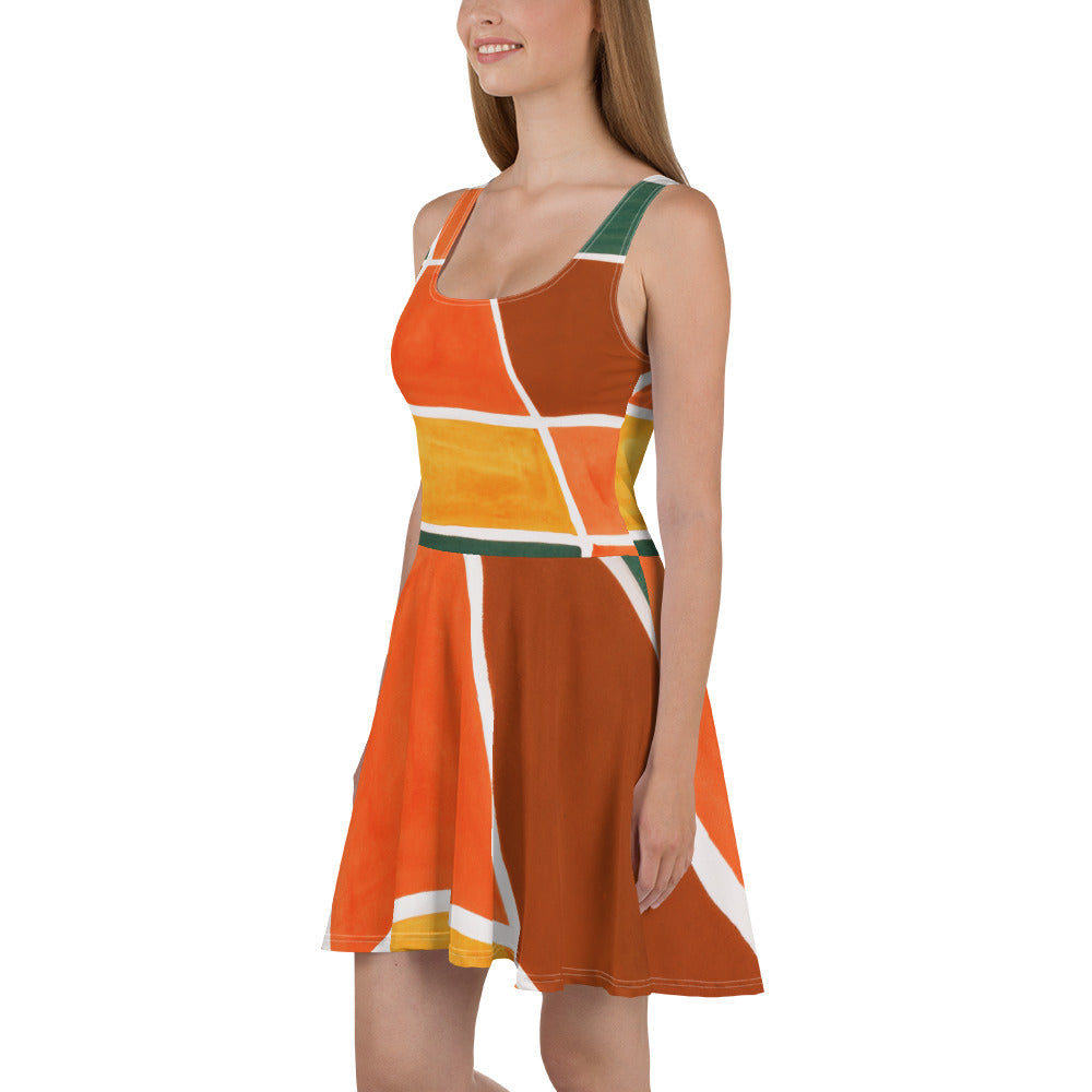 A vibrant women's skater dress featuring an orange and green boho pattern, showcasing a flattering A-line silhouette and sleeveless design.