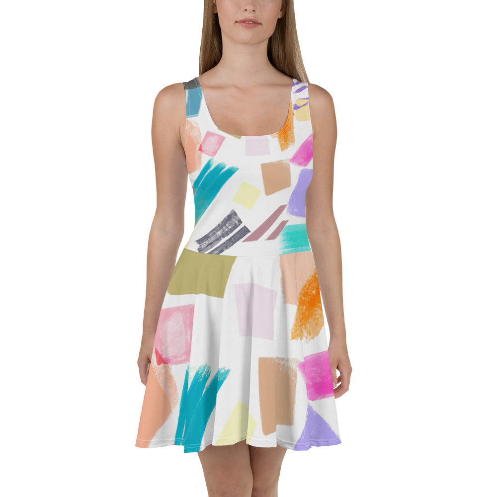 A stylish women's skater dress featuring a pastel pattern, A-line silhouette, and sleeveless design, perfect for warm weather occasions.