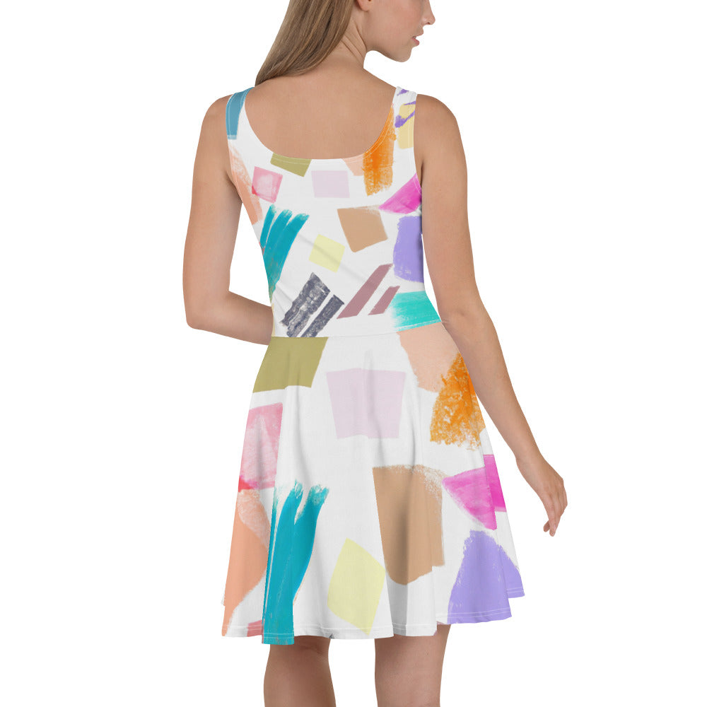 A stylish women's skater dress featuring a pastel pattern, A-line silhouette, and sleeveless design, perfect for warm weather occasions.