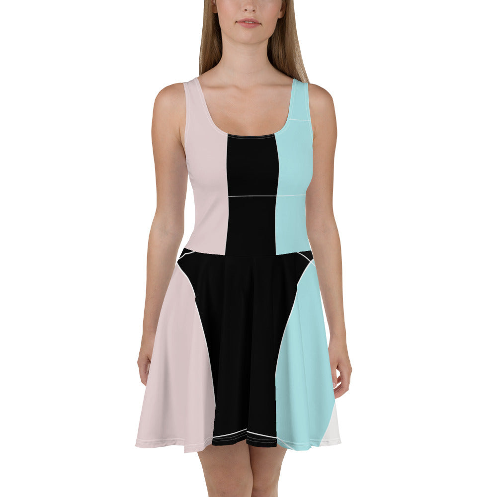 Women's skater dress featuring pastel pink, black, and blue colorblock design, with a flattering A-line silhouette and sleeveless style.