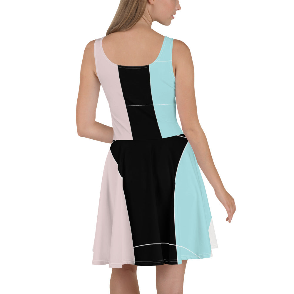 Women's skater dress featuring pastel pink, black, and blue colorblock design, with a flattering A-line silhouette and sleeveless style.