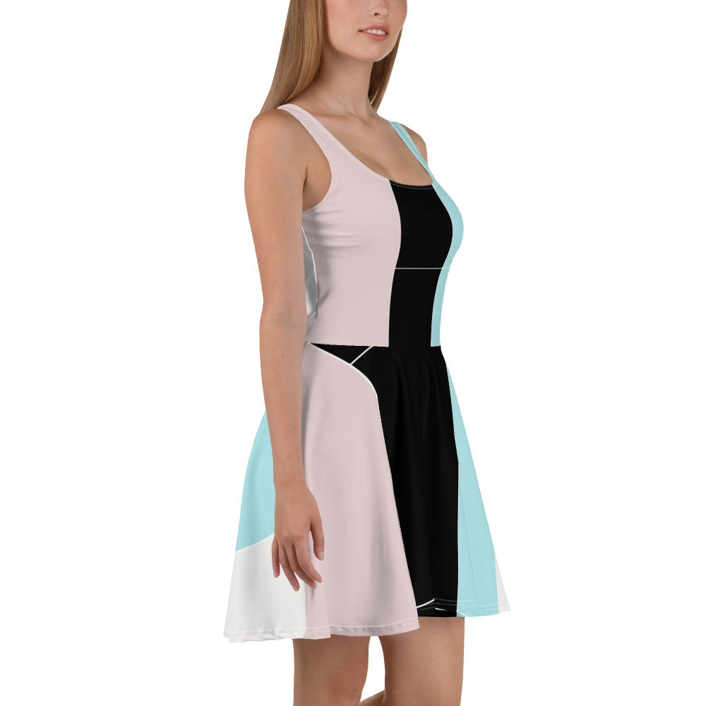 Women's skater dress featuring pastel pink, black, and blue colorblock design, with a flattering A-line silhouette and sleeveless style.