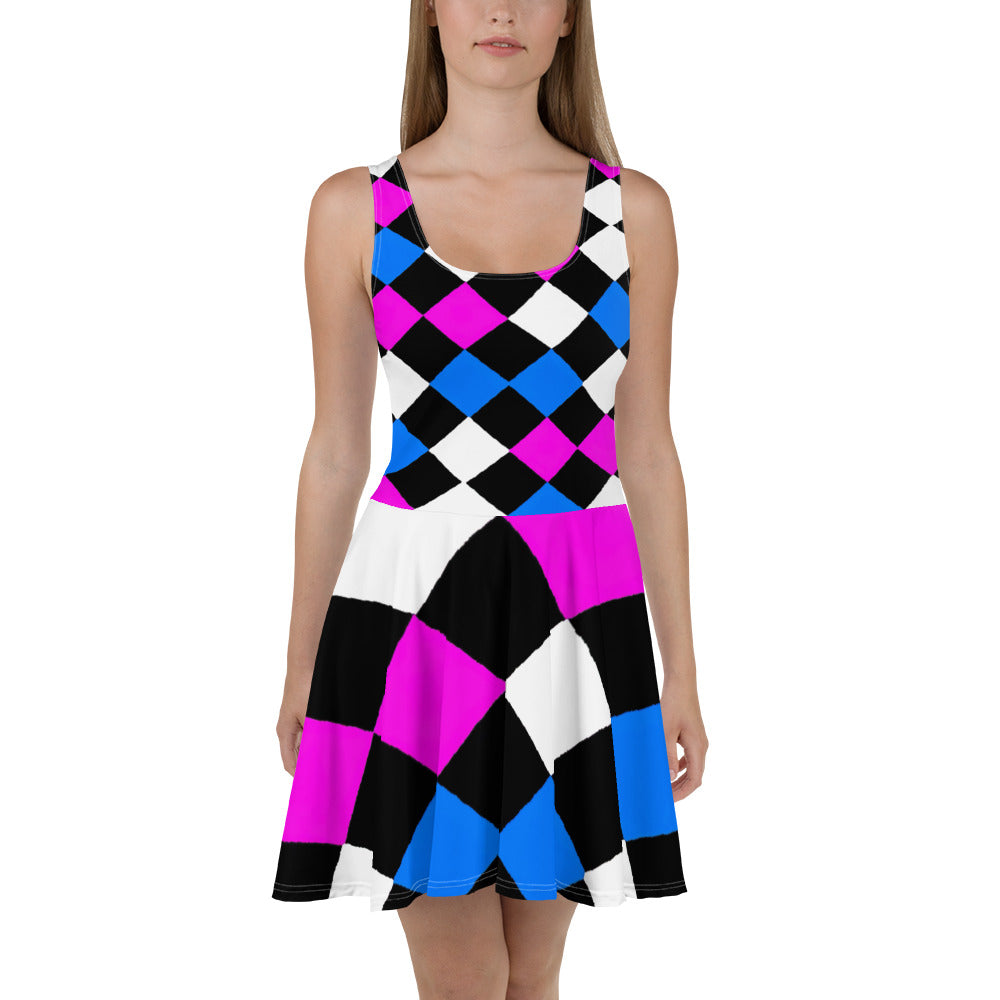 Women's skater dress featuring a pink and blue checkered pattern, A-line silhouette, and sleeveless design, perfect for warm weather.