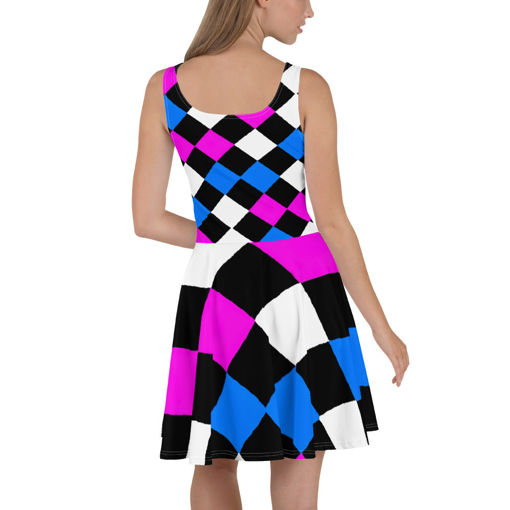 Women's skater dress featuring a pink and blue checkered pattern, A-line silhouette, and sleeveless design, perfect for warm weather.