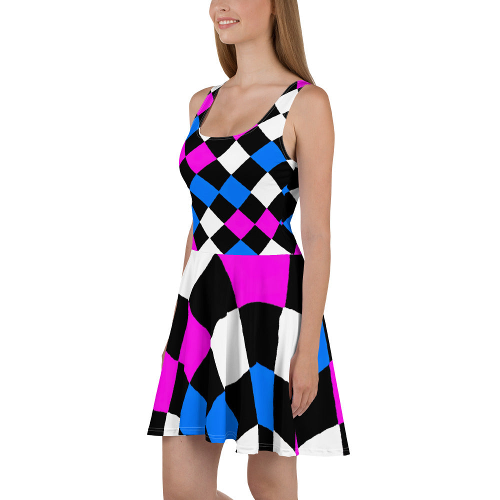 Women's skater dress featuring a pink and blue checkered pattern, A-line silhouette, and sleeveless design, perfect for warm weather.