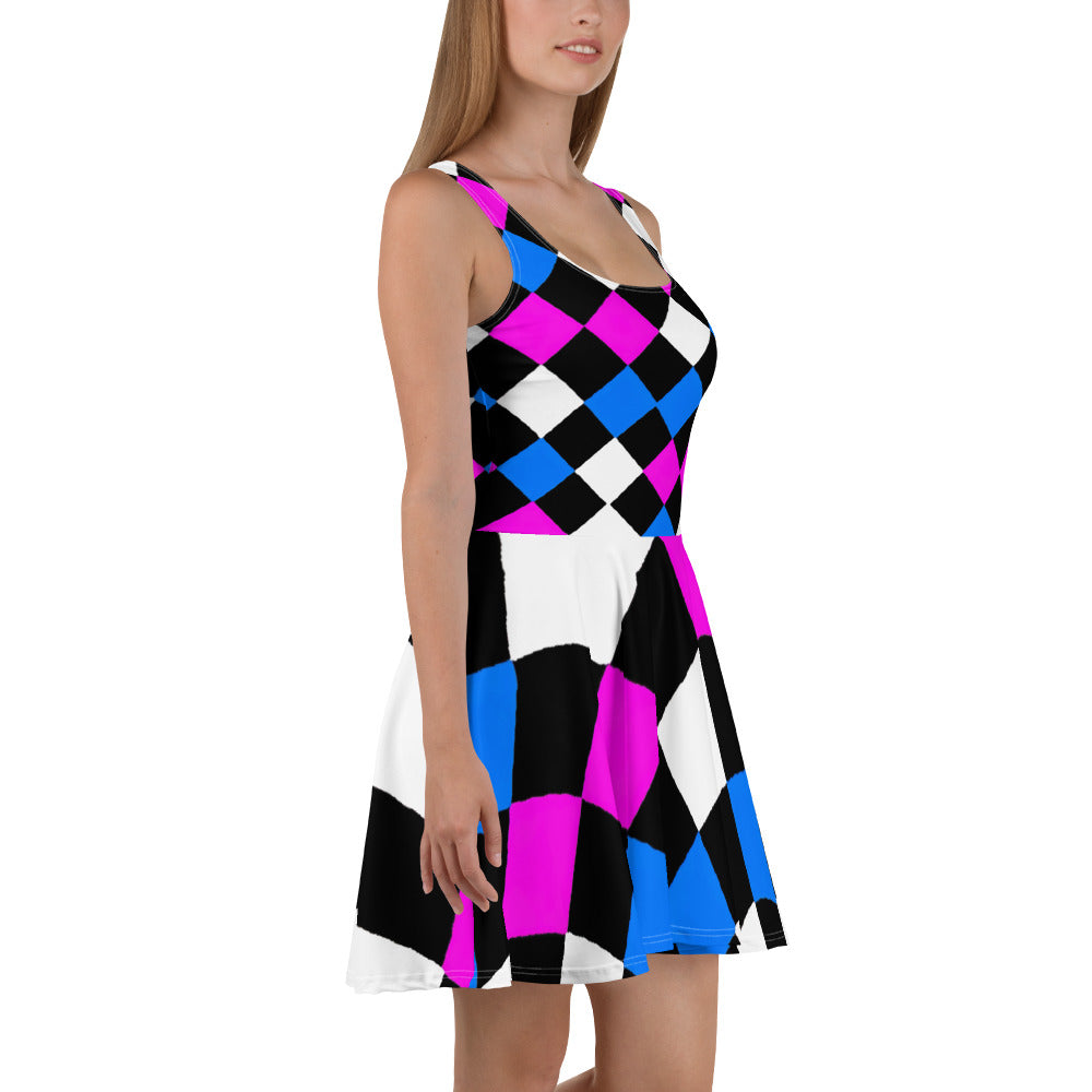 Women's skater dress featuring a pink and blue checkered pattern, A-line silhouette, and sleeveless design, perfect for warm weather.