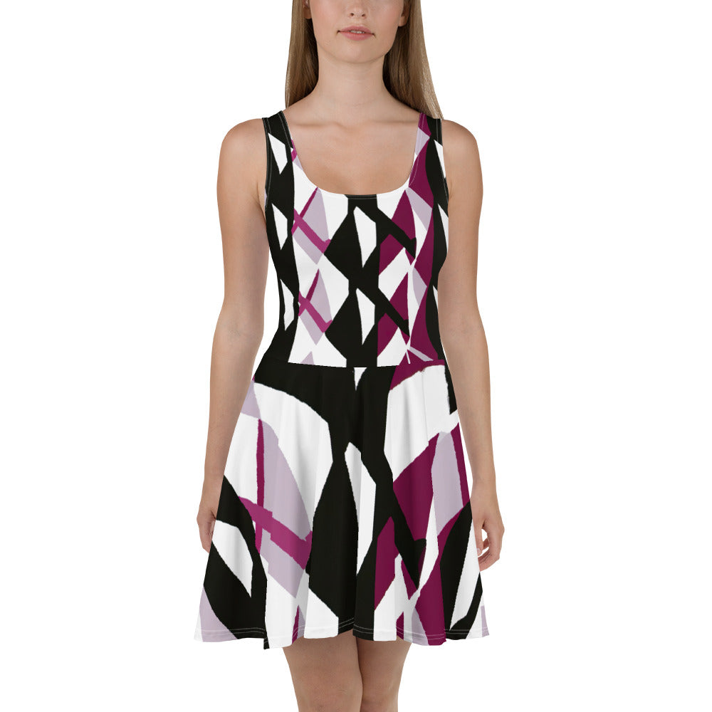 Women's skater dress in pink mauve pattern, featuring a flattering A-line silhouette and sleeveless design, perfect for warm weather.