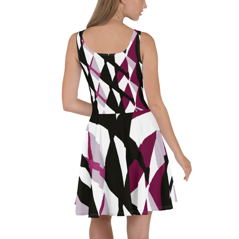 Women's skater dress in pink mauve pattern, featuring a flattering A-line silhouette and sleeveless design, perfect for warm weather.