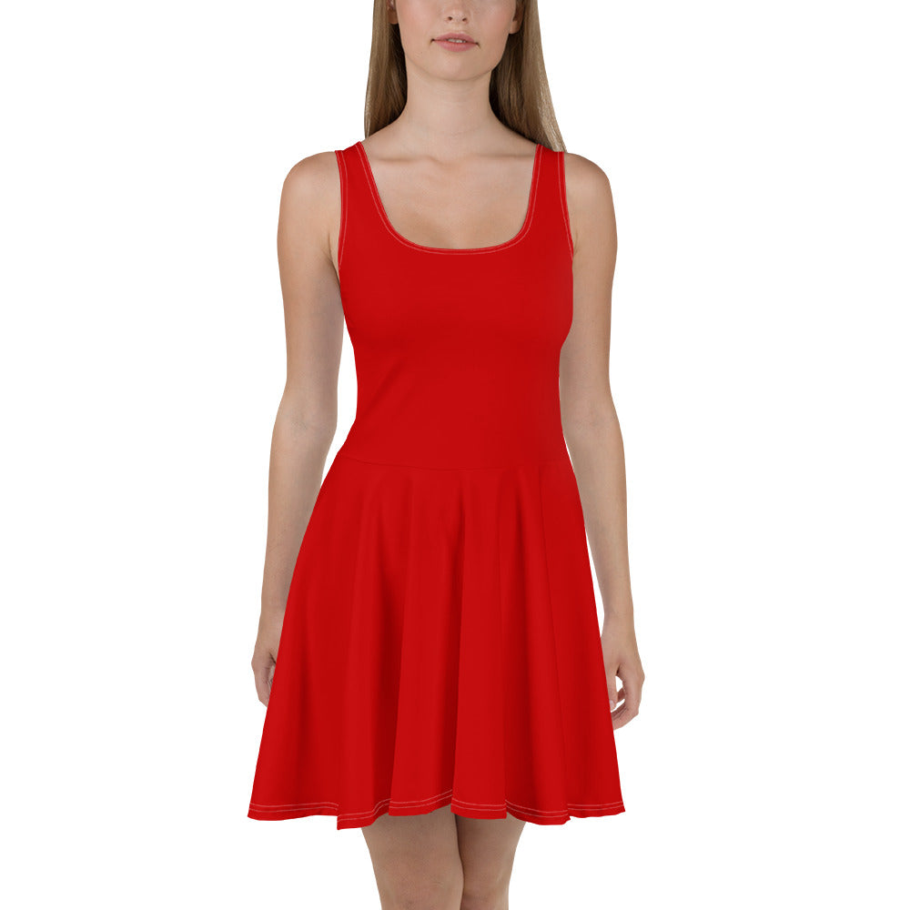 A vibrant red women's skater dress featuring a flattering A-line silhouette, sleeveless design, and knee-length hem, perfect for various occasions.