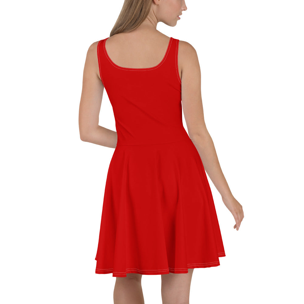 A vibrant red women's skater dress featuring a flattering A-line silhouette, sleeveless design, and knee-length hem, perfect for various occasions.