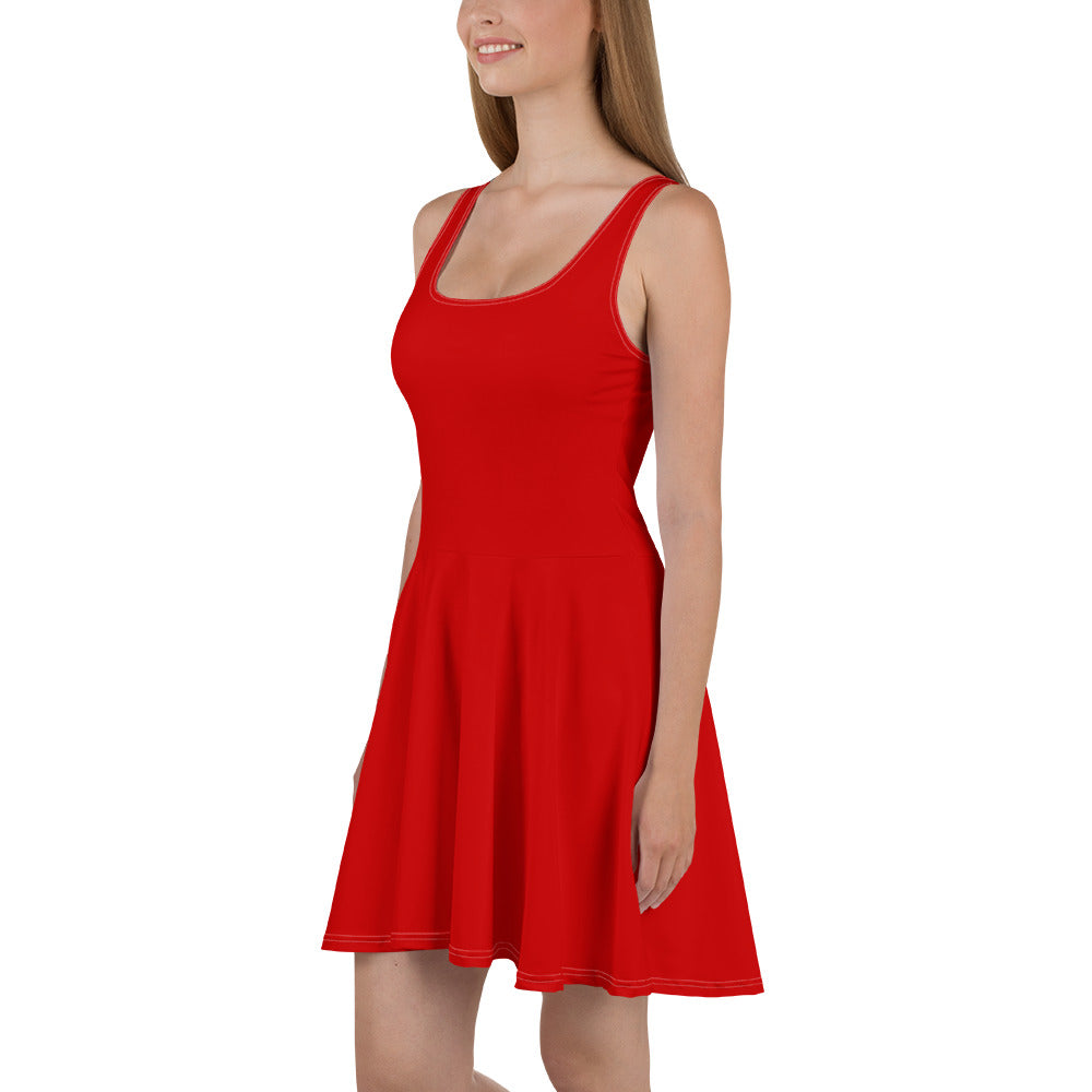 A vibrant red women's skater dress featuring a flattering A-line silhouette, sleeveless design, and knee-length hem, perfect for various occasions.