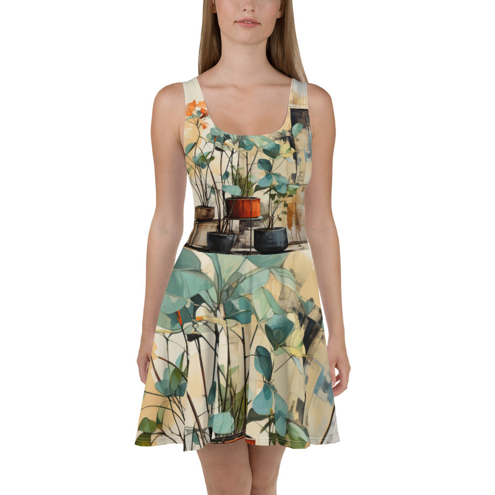 A stylish women's skater dress featuring a rustic botanical plants design, showcasing a flattering A-line silhouette and knee-length hem.