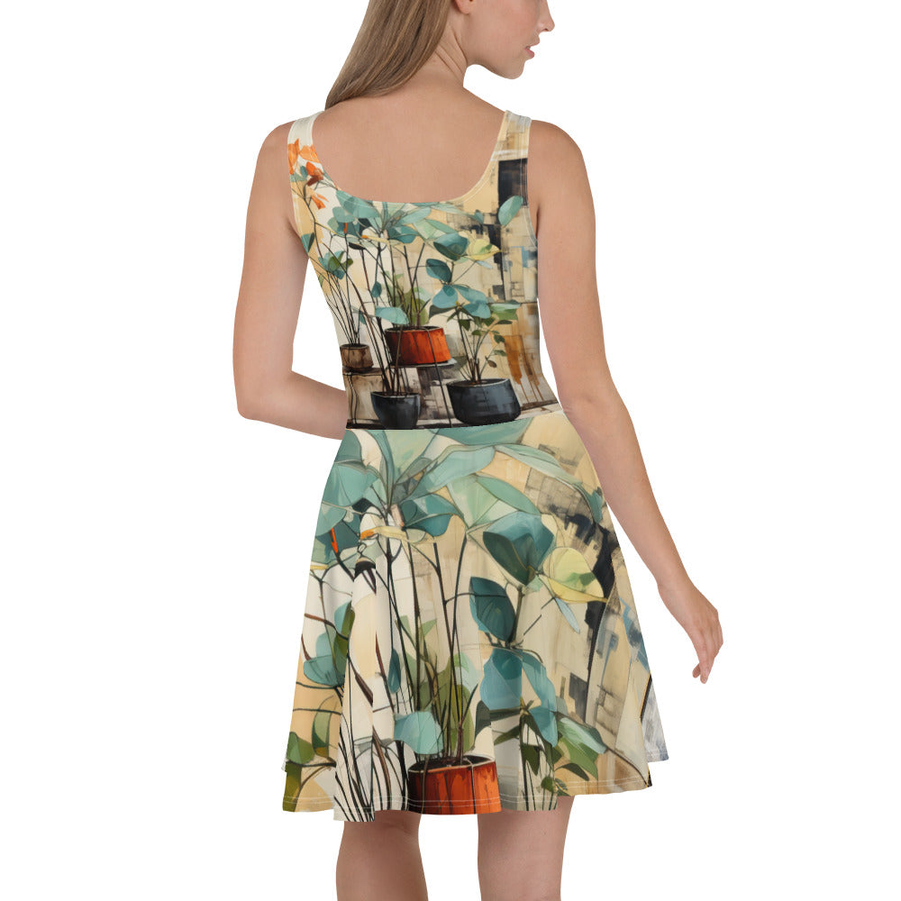 A stylish women's skater dress featuring a rustic botanical plants design, showcasing a flattering A-line silhouette and knee-length hem.