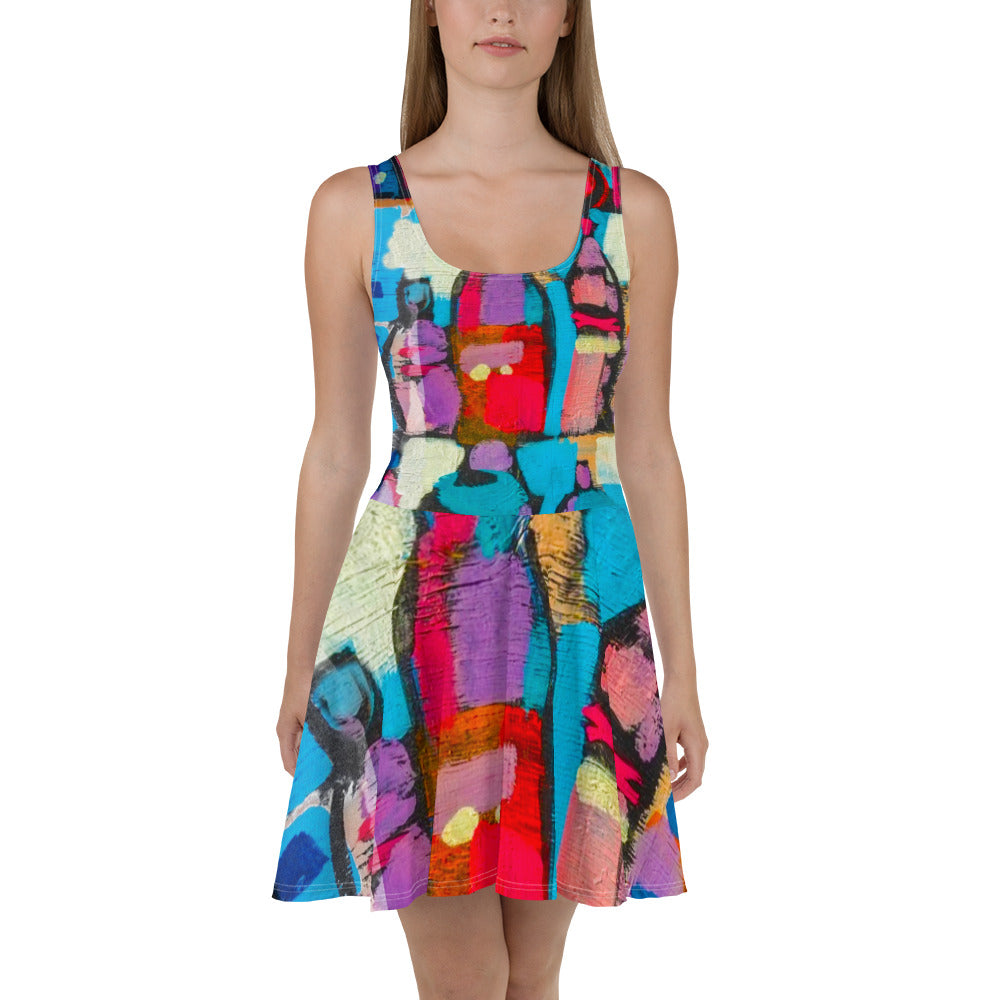 A vibrant women's skater dress featuring a Sutileza red multicolor abstract print, showcasing a flattering A-line silhouette and sleeveless design.